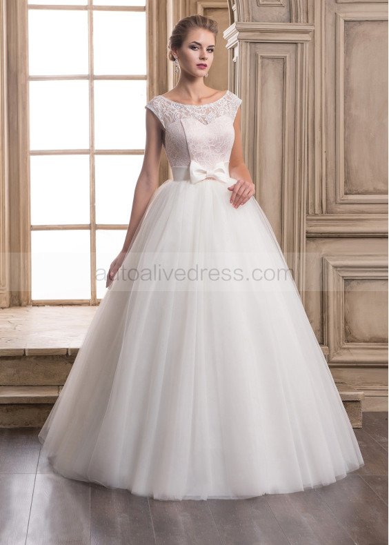 Bateau Neck Lace Tulle Wedding Dress With Pink Lining 